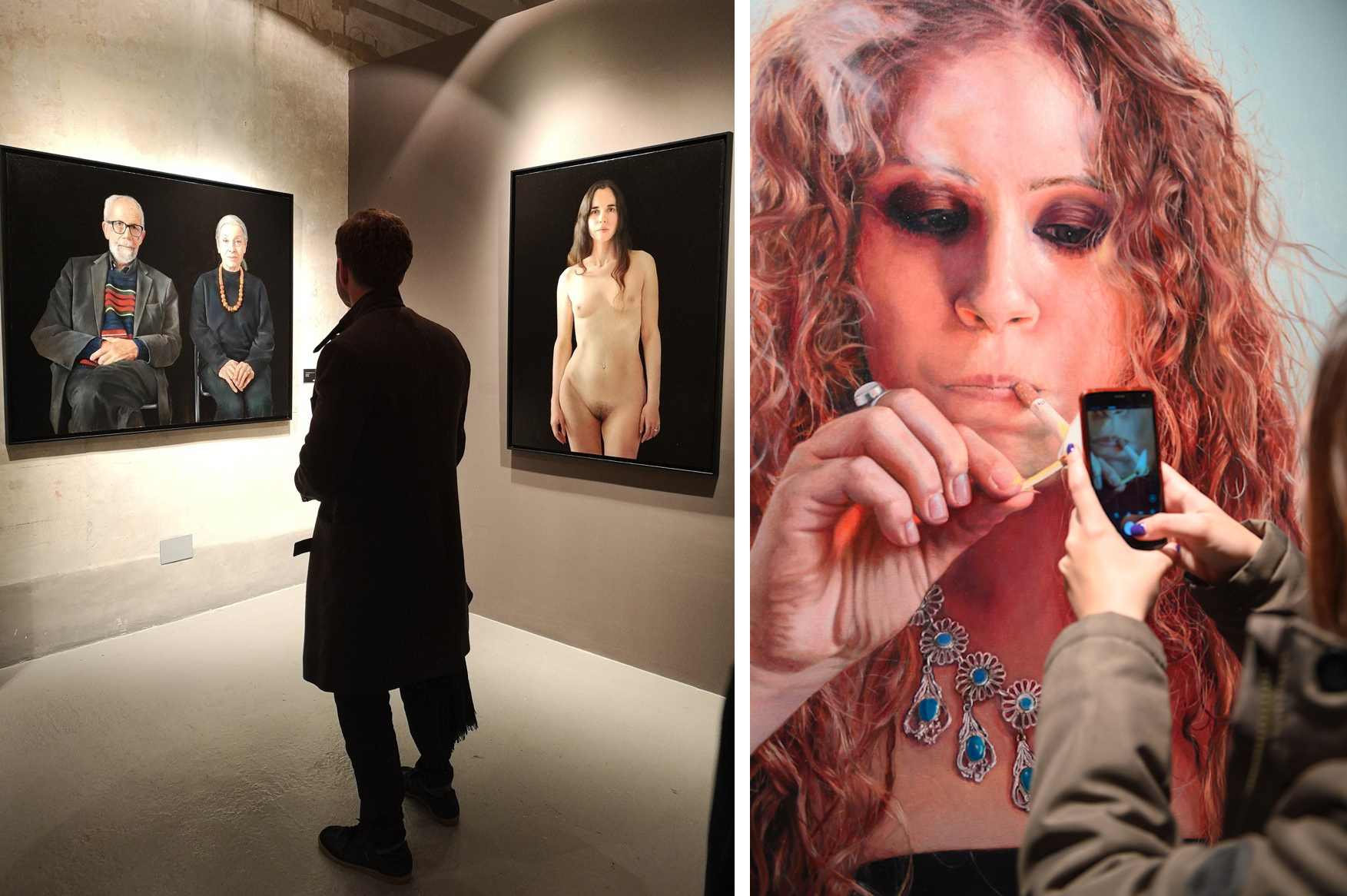 Left: Paintings by Anne-Christine Roda -  Michèle et Michel  (left) and  Anwen  (right)  Right: Tanya Atanasova’s painting entitled  Smokey Eyes / Joëlle