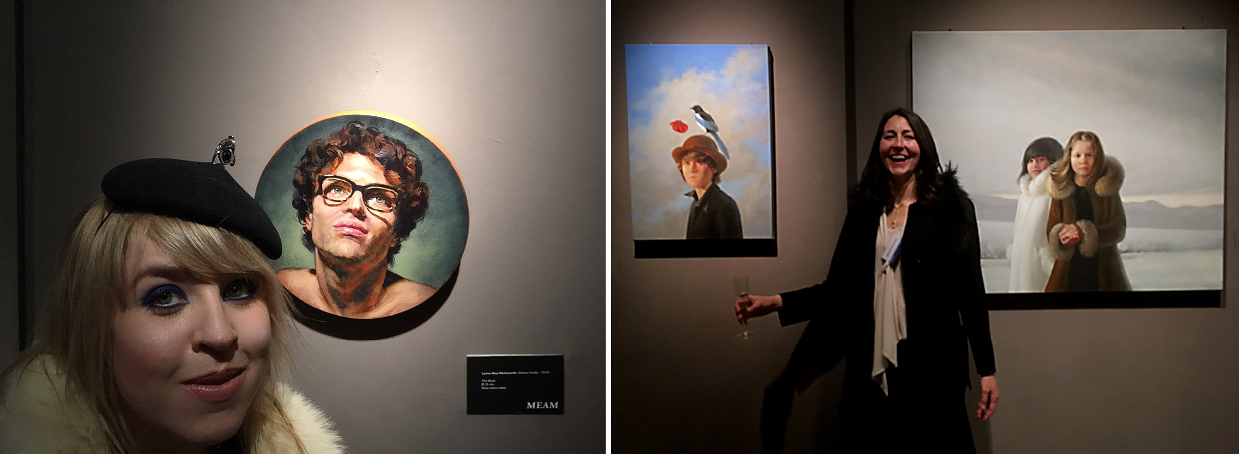 Left: Lorna May Wadsworth next to her painting  The Muse   Righ: Melinda Borysevicz next to her paintings  That was then  (left) and  A Gift for Ariadne  (right)