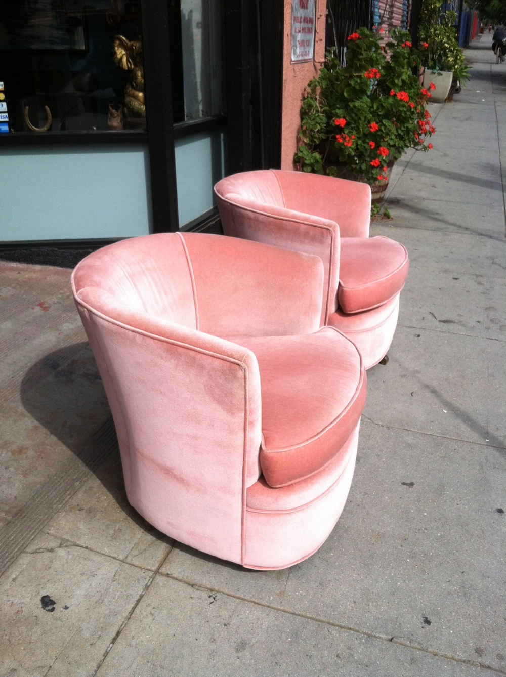 SOLD Young Love Pair of Rose Velvet Barrel Chairs