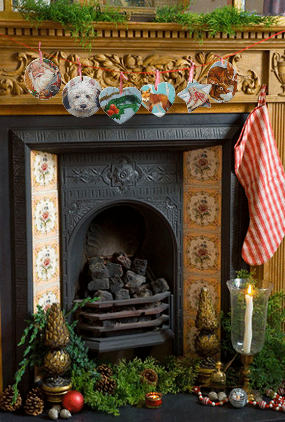Ornaments on Fireplace Garland