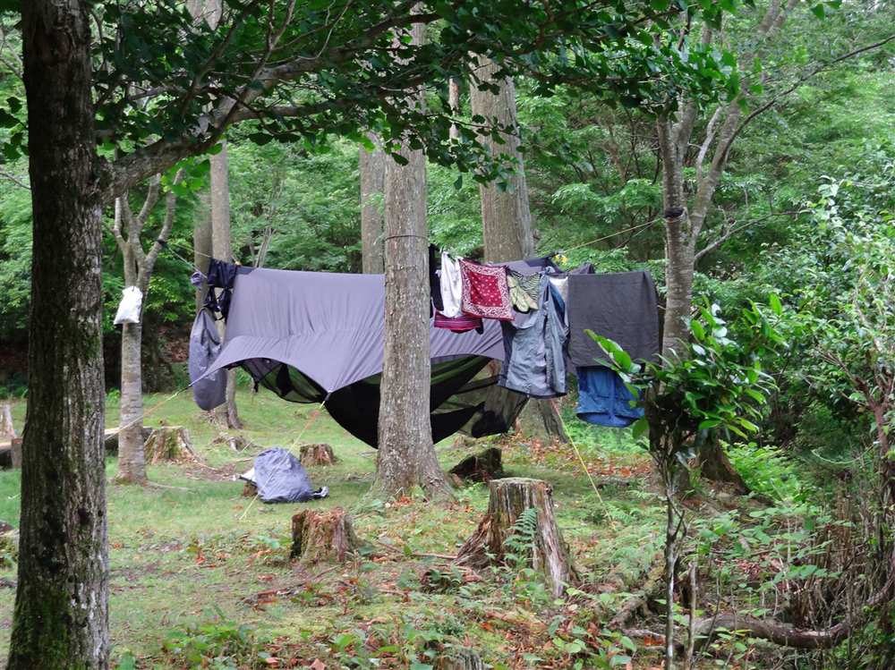 Drying out our hiking clothes at our camp spot midway through our Kumano Kodo pilgrimage 