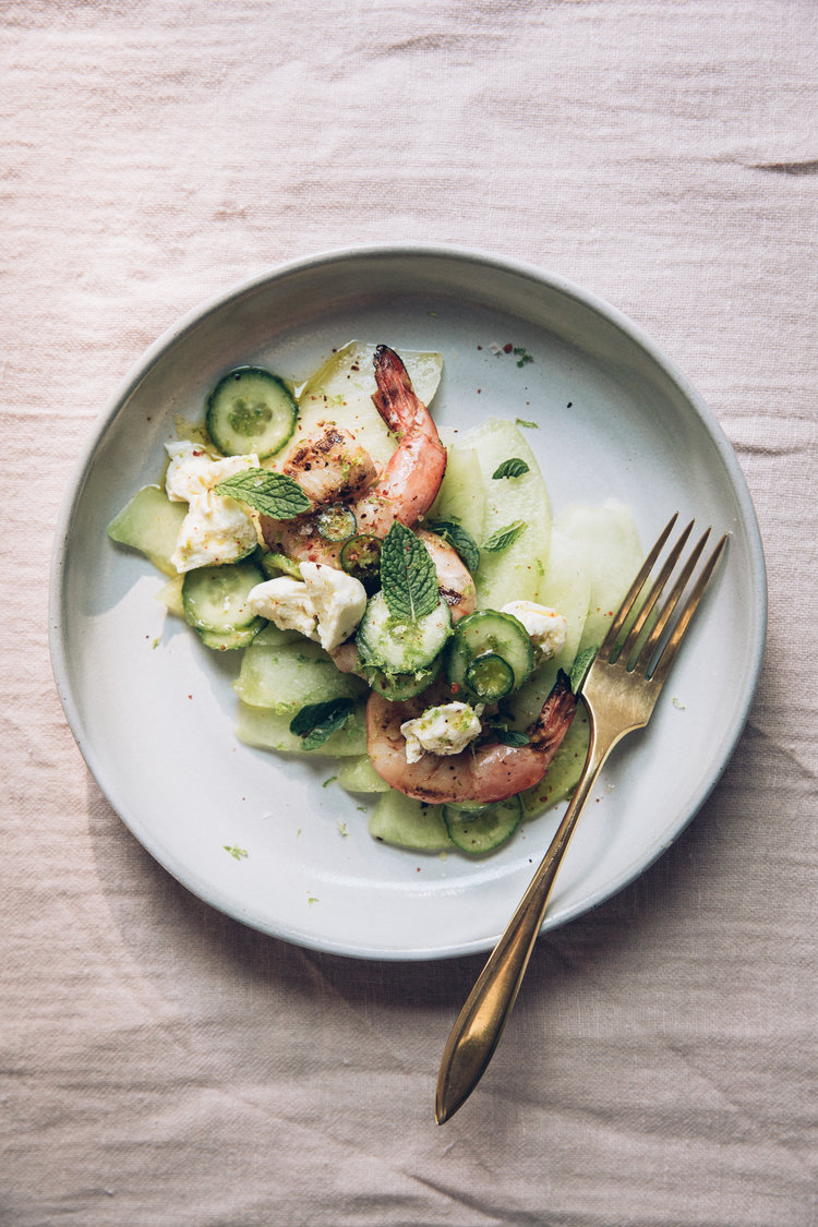 Grilled Shrimp with Melon, Cucumbers, and Mozzarella 