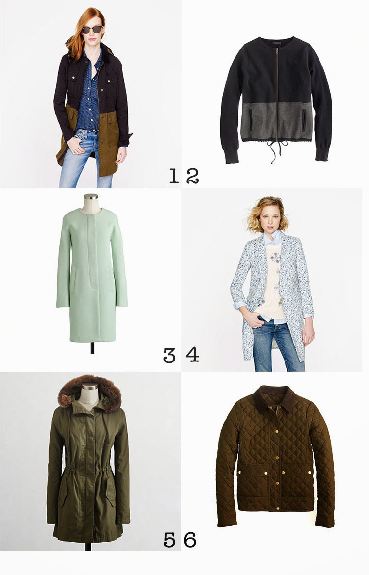 1.colorblock field jacket // 2.two-toned cardigan // 3.sabrina coat //4.floral topcoat // 5.fur hooded parka  // 6. quilted tack jacket