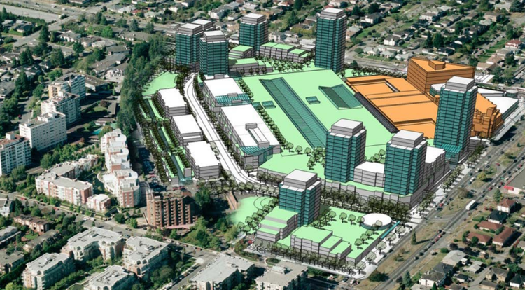 (2007 VANCOUVER OAKRIDGE CENTRE INTENSIFICATION PROPOSAL. NOTE: IMAGE IS USED AS AN EXAMPLE OF A MALL INTENSIFICATION, AND DOES NOT INDICATE THAT THESE BUILDINGS WERE INTENDED FOR RENTAL HOUSING. IMAGE: CITY OF VANCOUVER/IVANHOE CAMBRIDGE/WESTBANK)