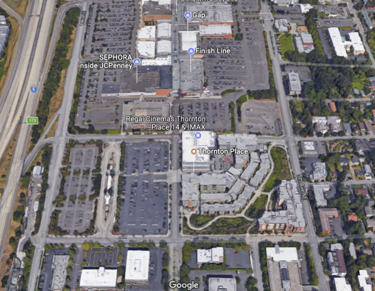 (THORNTON PLACE IN SEATTLE. SURPLUS PARKING AT NORTHGATE MALL WAS INTENSIFIED TO CREATE A NEW RENTAL COMMUNITY. IMAGE: GOOGLE MAPS) 