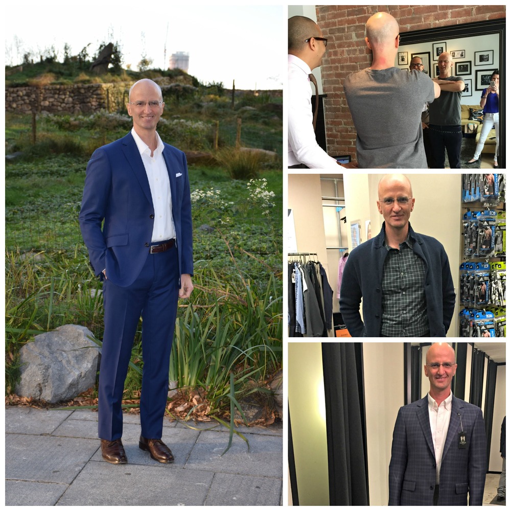 John, Managing Director at a bank in NYC, and Author of Working Out Loud . From left clockwise: One of John’s very handsome final looks, getting fitted for a suit with custom tailor Ian Rios, trying on key pieces for his weekend wardrobe, and finding a favorite sport coat at Rothman’s.&nbsp;
