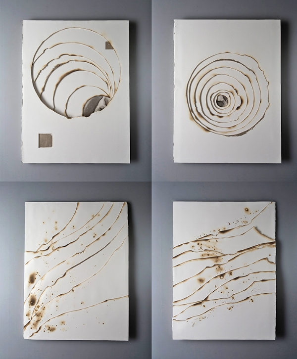  Kelly M. O'Brien, Playing With Fire No. 74-77. Paper, gold leaf, ink, flame. 32 x 24 x 1.5 inches each. ©2018. Commissioned for The Phoenician, Scottsdale, Arizona. 