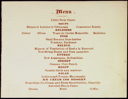 "Camera Club," MAY 12TH, 1896. Invitation back and menu