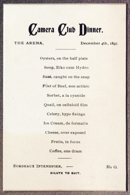 Camera Club Dinner, The Arena, December 4th, 1897. Menu detail.