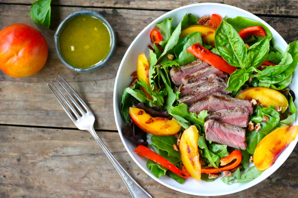 Steak Salad with Grilled Nectarines, Red Peppers, Pecans and Basil