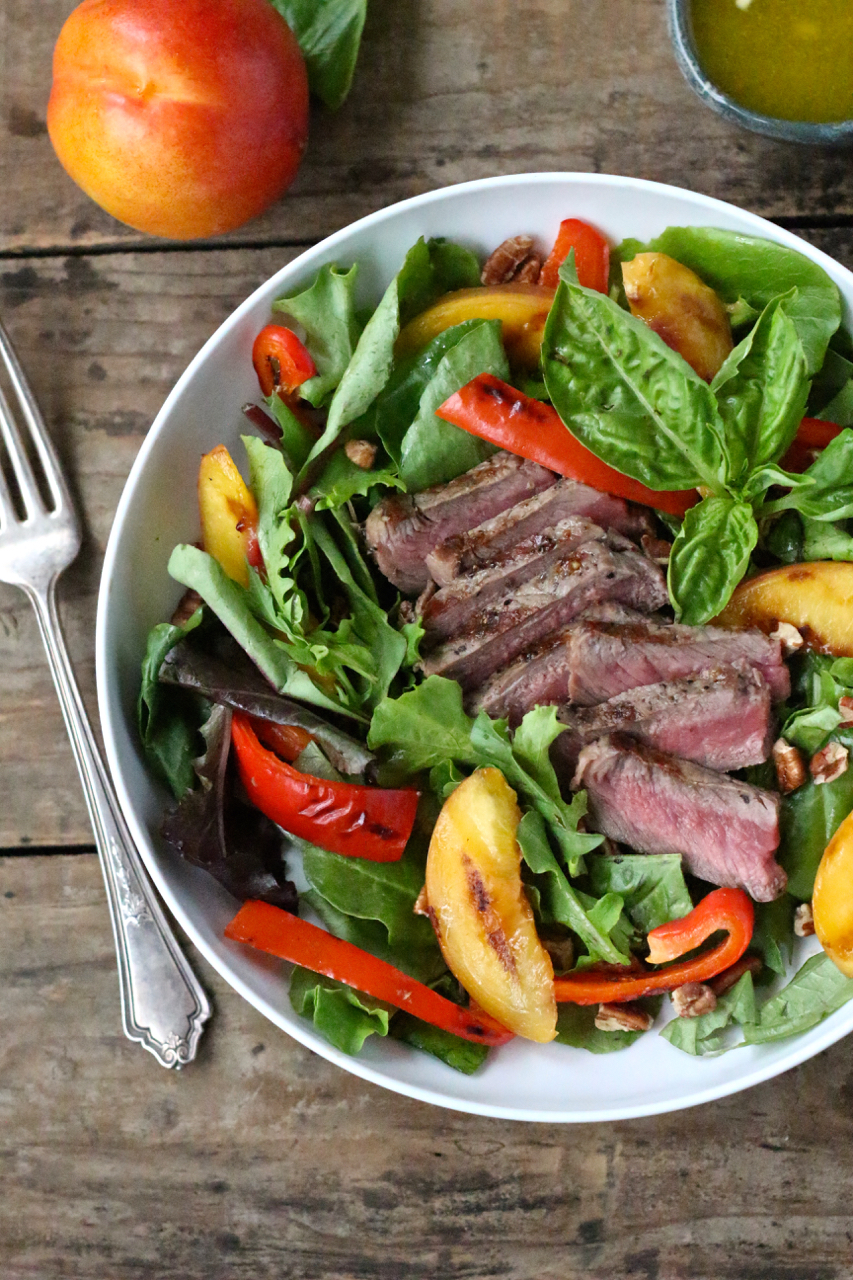 Steak Salad with Grilled Nectarines, Red Peppers, Pecans and Basil - Borrowed Salt