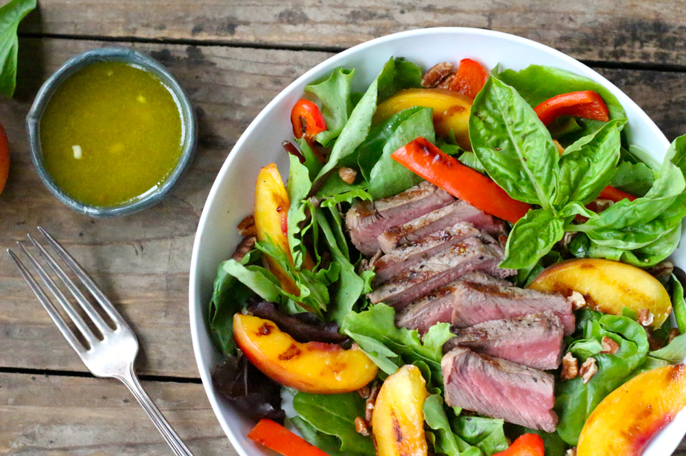 Steak Salad with Grilled Nectarines, Red Peppers, Pecans and Basil