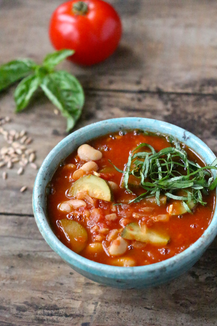 Tomato Soup with Zucchini, Farro and White Beans - Borrowed Salt