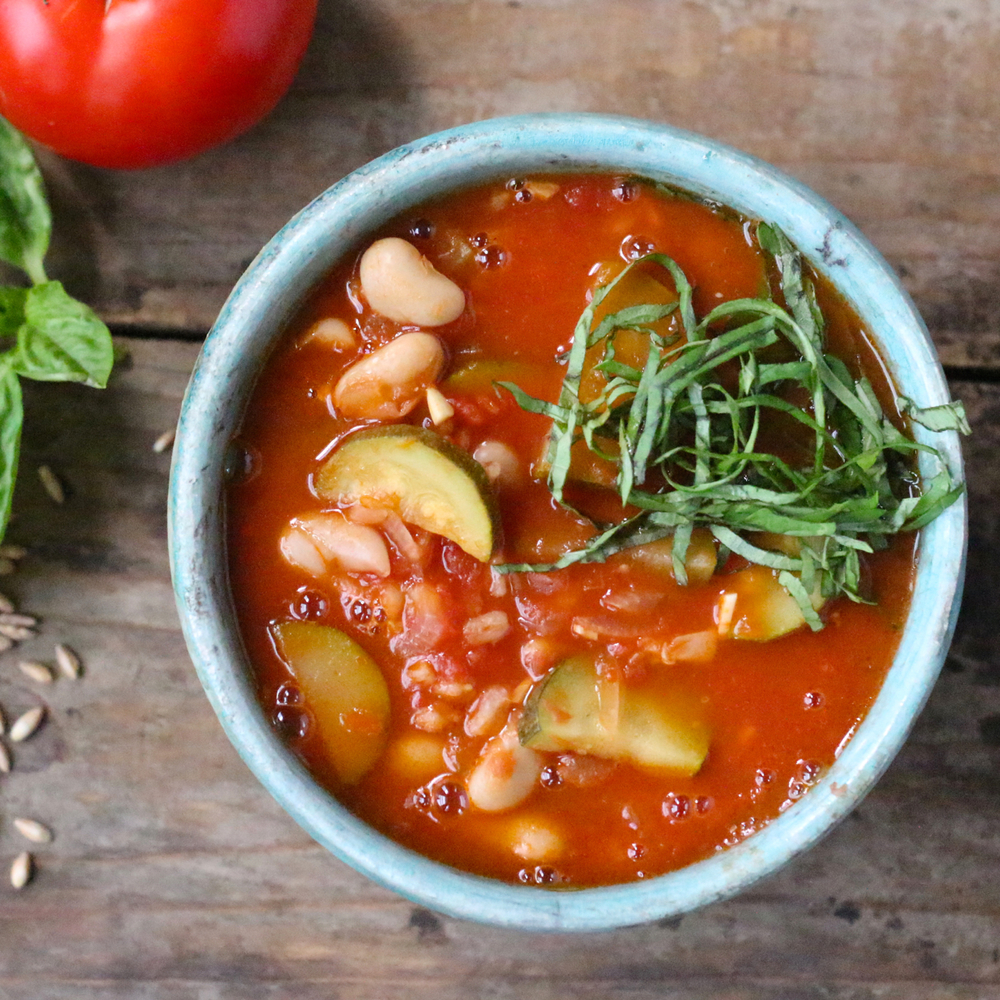 Tomato Soup with Zucchini, Farro and White Beans - Borrowed Salt