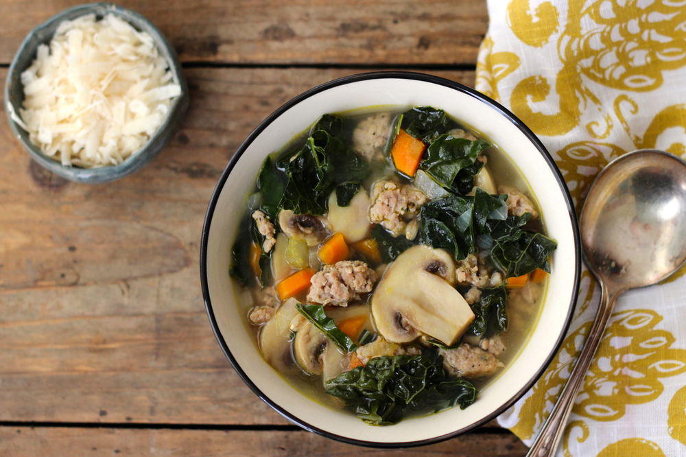 Kale, Sausage and Farro Soup with Roasted Garlic
