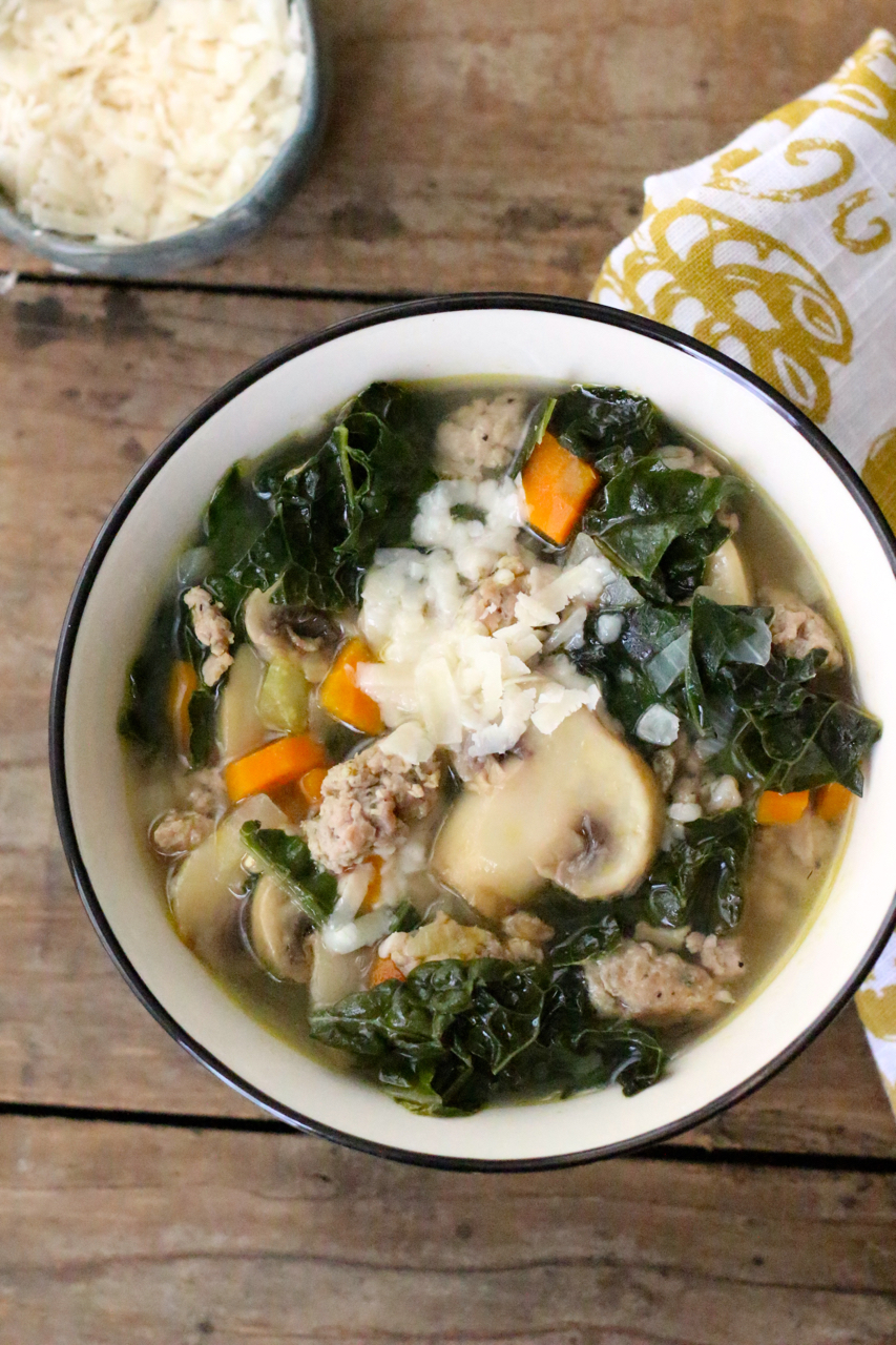 Kale, Sausage and Farro Soup with Roasted Garlic