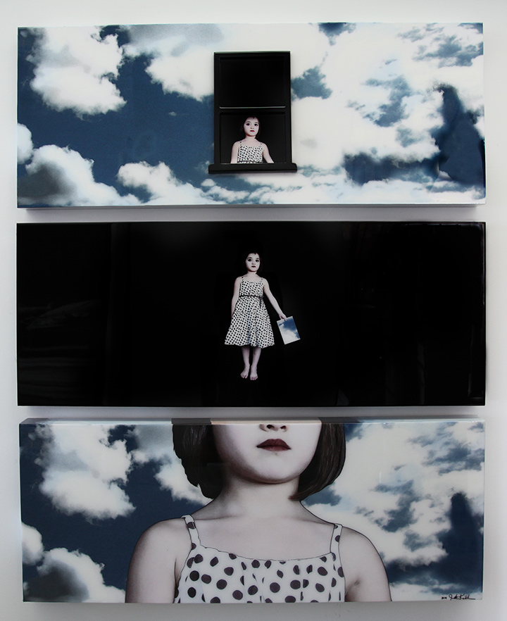 "Piece of the Sky", 2014, Triptyque, chaque panneau est de 24 "X 60", Médias mélangés intégrés dans la résine