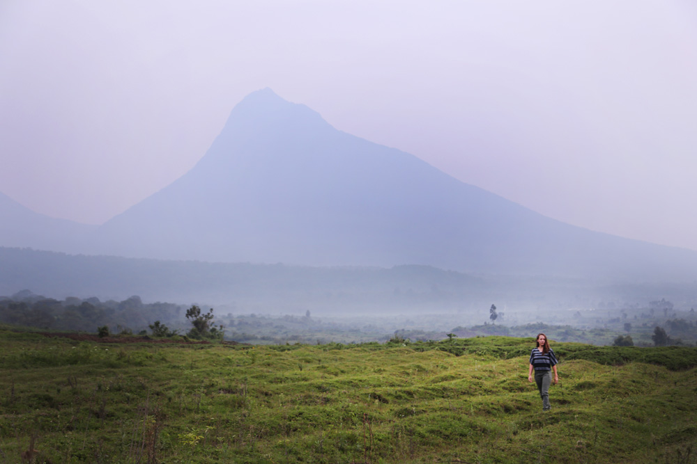 Congo's lush fields and our view of Mikeno Volcano