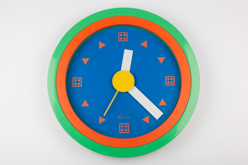 MEMPHIS WALL CLOCK, ORANGE, BLUE BY DU PASQUIER AND SOWDEN X NEOS, ITALY, 1980S