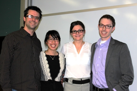 Ivey Associate Professor Oana Branzei (centre) with Nolan Andres, founder and CEO of Peaceworks Technology Solutions;  Joyce Sou, Manager of B Corporations and Social Impact Metrics at the MaRS Centre for Impact Investing; and Adam Spence, Founder of the Social Venture Exchange, at the Social Innovation @Ivey forum