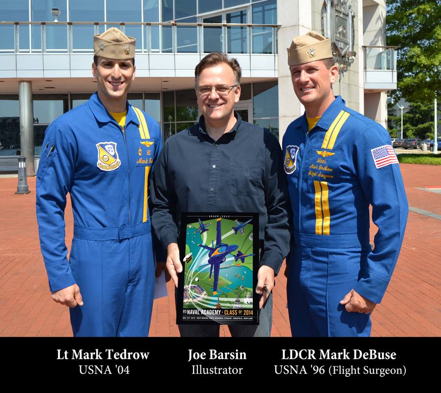 Lt Mark Tedrow, Blue Angel Pilot of #6 (USNA '04), Joe Barsin of CitizenPride.com and LDCR Mark DeBuse, Blue Angels Flight Surgeon (USNA '96) at U.S. Naval Academy, Annapolis, MD on May 19, 2014.