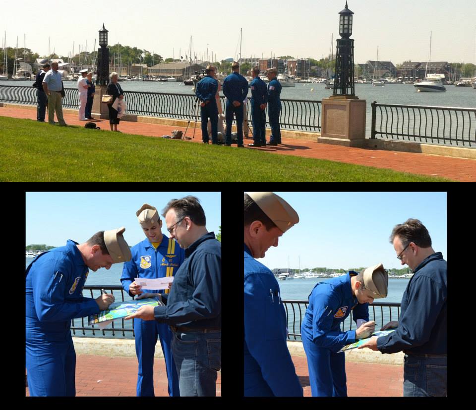 Blue Angels pilots at Naval Academy sign Joe Barsin's Annapolis Commissioning Week tribute poster.