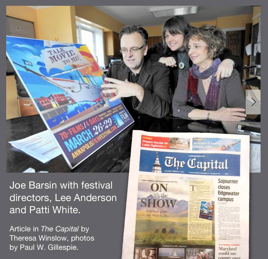 Joe Barsin describing the 2015 Film Fest Poster illustration with festival directors, Lee Anderson and Patti White.