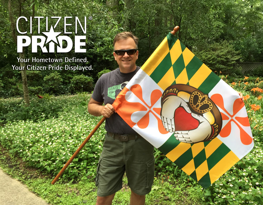 Artist, Joe Barsin, is holding our Maryland Irish Claddagh House flag, 28 x 40