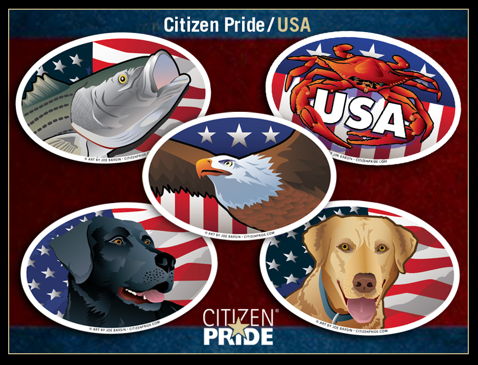 New Citizen Pride/USA icon illustrations: Eagle, Black & Yellow Lab, Striped Bass and Citizen Crab!