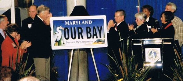 Governor Harry Hughes of Maryland (left of plate) and the Chesapeake Bay Trust Board was on hand to unveil the new 