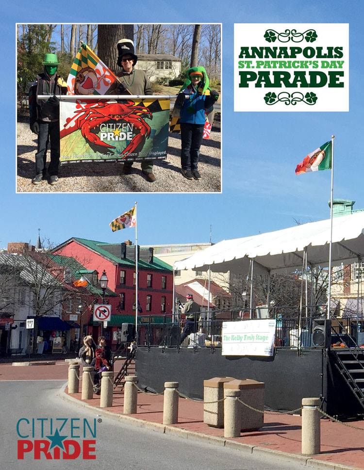 Joe Barsin with his helpful Leprechauns getting our banner ready for the Annapolis St. Patrick's Day parade. This picture shows our Irish Claddagh flags over the Parade grandstand before the festivities started.