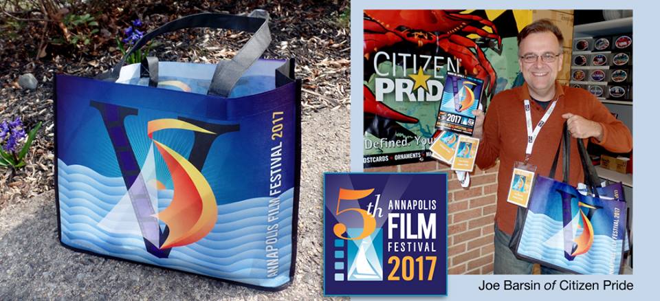 Pictured here is the 2017 Annapolis Film Festival swag bag which is given out to all sponsors. these bags along with other merchandise, by Joe Barsin, will be for sale.