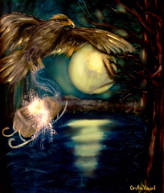 "THE MOON SHINING ACROSS A LAKE AND A SLEIGH WITHOUT SNOW" BY WISE OWL CHRISTINE VINCENT