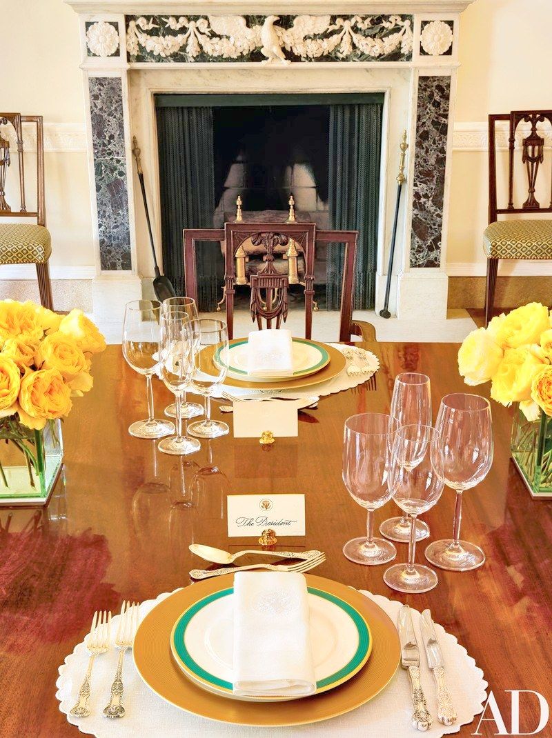The President's place setting for luncheon using the classically designed Obama State China Service chosen by Michelle Obama in collaboration with Michael Smith and William Allman, the White House Curator
