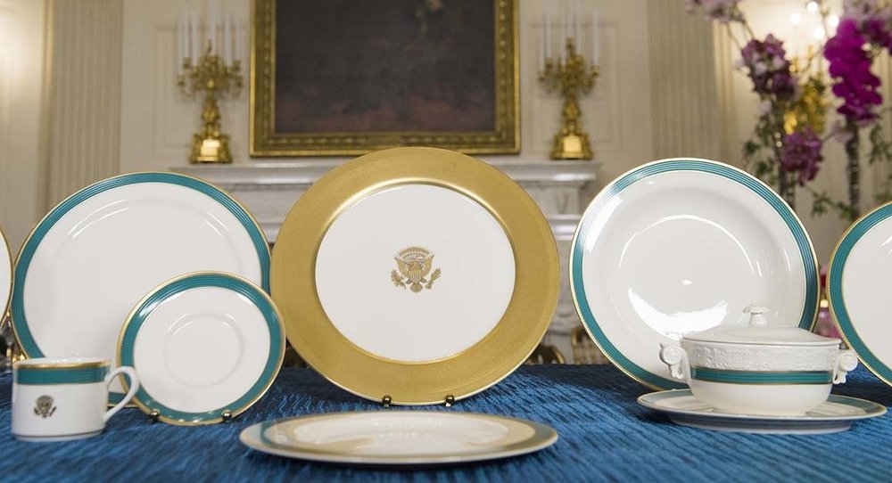 Although classical in design the Obama china service has embraced the more contemporary influence of a mix-and-match 11-piece place settings...made by Pickard China of Antioch, Illinois, the First Lady's home state