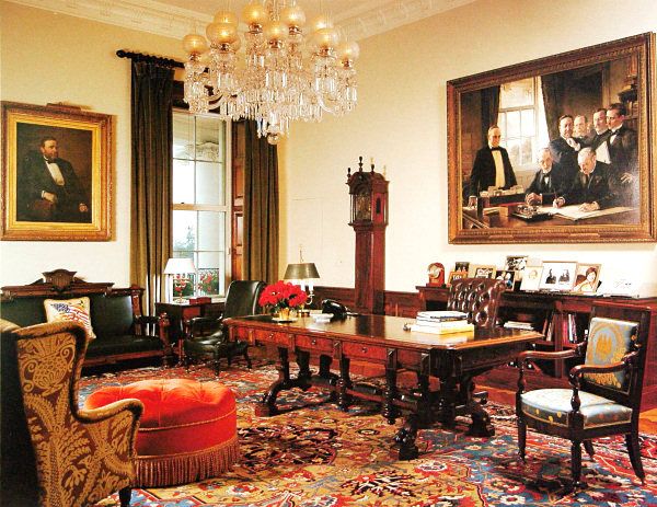 Former President Bush's Treaty Room - the desk which has been in the White House since 1869 and artwork remained in President Obama's Treaty Room