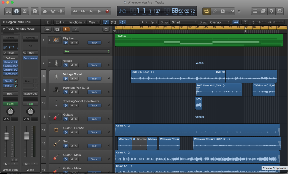 Here is a peek at what 'Wherever You Are' looks like in Logic Pro X.
