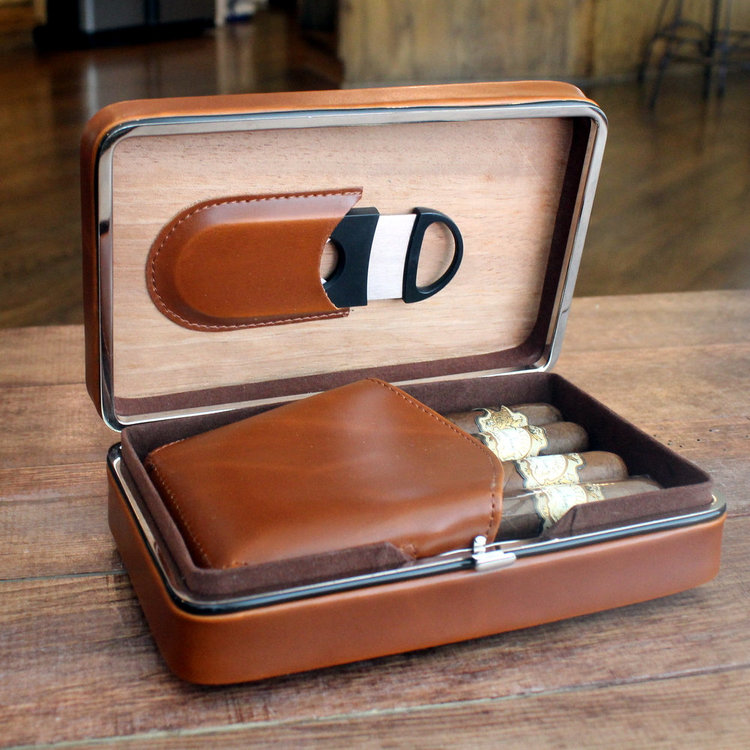 Executive Brown Leather Cigar Case With Cutter Personalized Groomsmen Gift For Men Birthday Gifts Him