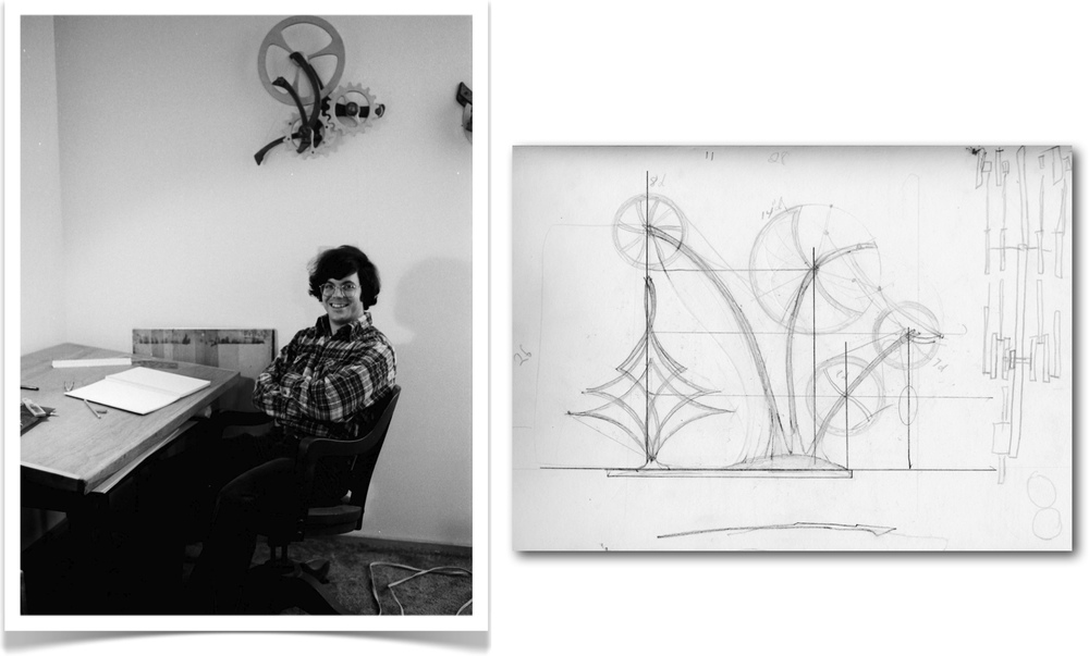 The early design drawing by kinetic artist David C. Roy from Wood That Works