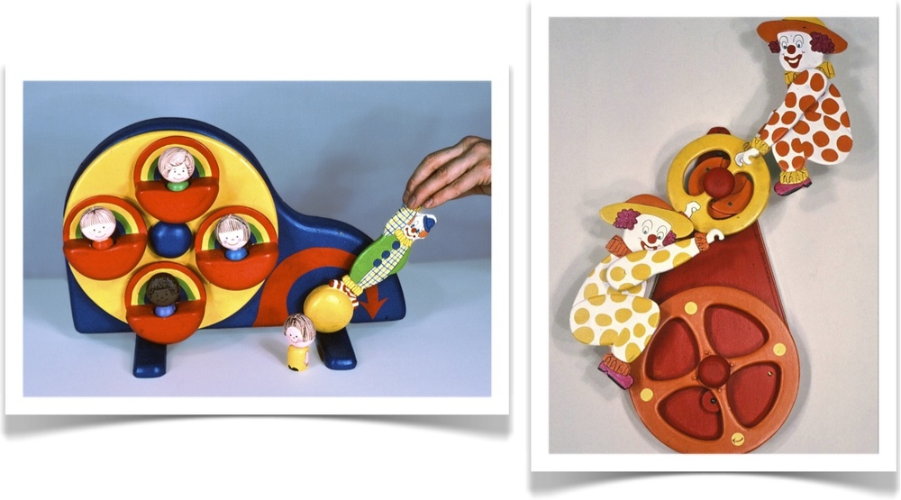 Toy designs by kinetic artists David C. Roy in collaboration with Marji Roy of Wood That Works
