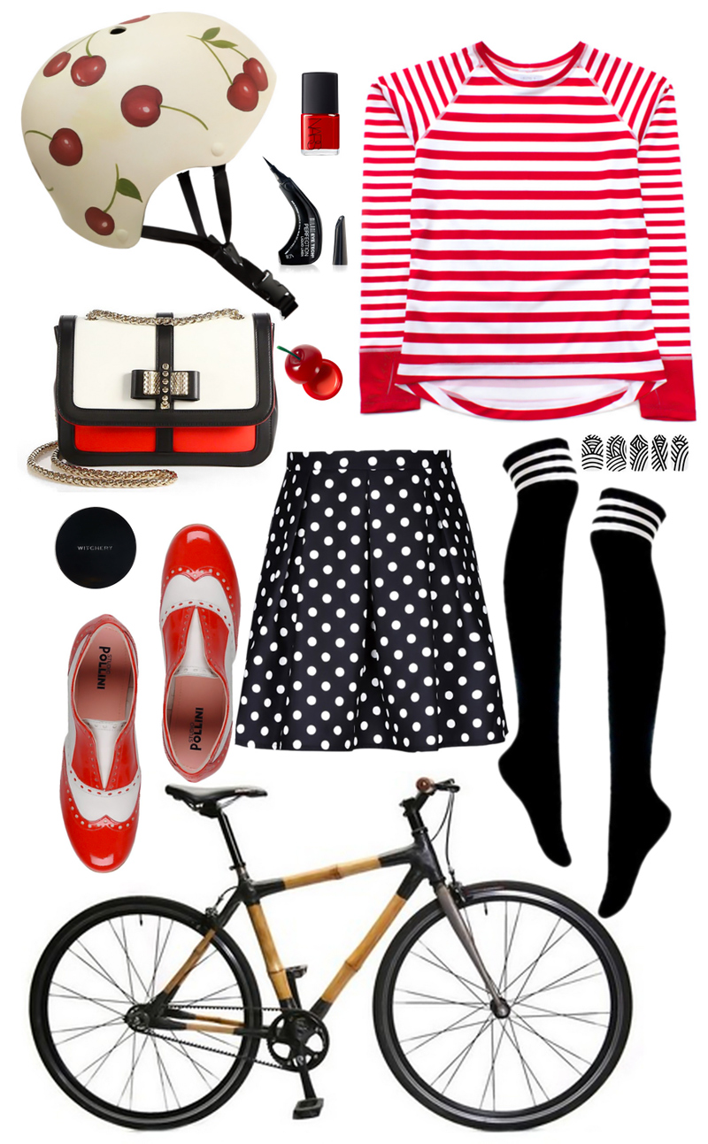 Belle Handpainted Cherry Helmet // Nars Cherry Red Nail Polish // Milani Precision Eyeliner // Camille Long Sleeve Jersey // Mummy Nail Wraps // Over The Knee Socks // The Bambeauty Bicycle // Pollini Two-Tone Patent Oxfords // Polka Dot Skirt // Witchery Compact // Mini Cherry Lip Balm // Christian Louboutin Tricolor Bag