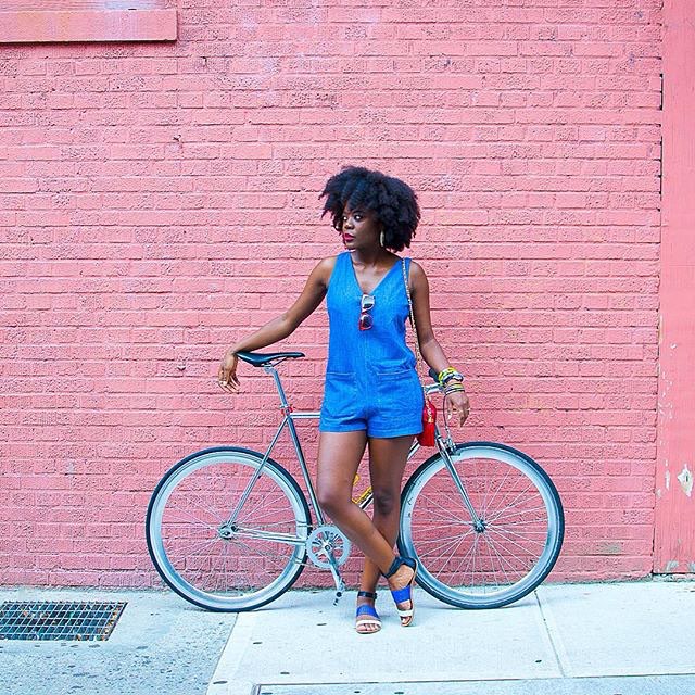 Repost from @simplycyn, an extremely talented #nycstyleblogger who is making the case for denim rompers and bike rides. I love everything about this photo! What a cool lady.