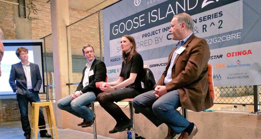 UI Labs' Caralynn Nowinski visited BuiltWorlds last week for Goose Island 2.0. She is flanked by R2's Matt Garrison on her right, and Structured Development's Mike Drew. Standing: CBRE's Dan Lyne. (Photo: Marty Malone.)