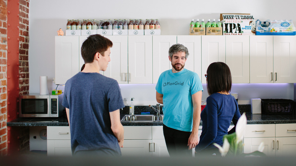 At PlanGrid, they're thirsty: Co-founder Ralph Gootee reminds colleagues that the dishes are everyone's responsibility.