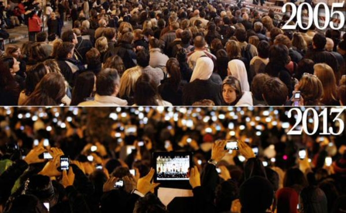 Pope to Pope: Scopano's presentation included this eye-popping tech snapshot from St. Peter's Square in Vatican City. At top is the assemblage for Pope Benedict's installation. At bottom, Pope Francis was greeted by a sea of devices.