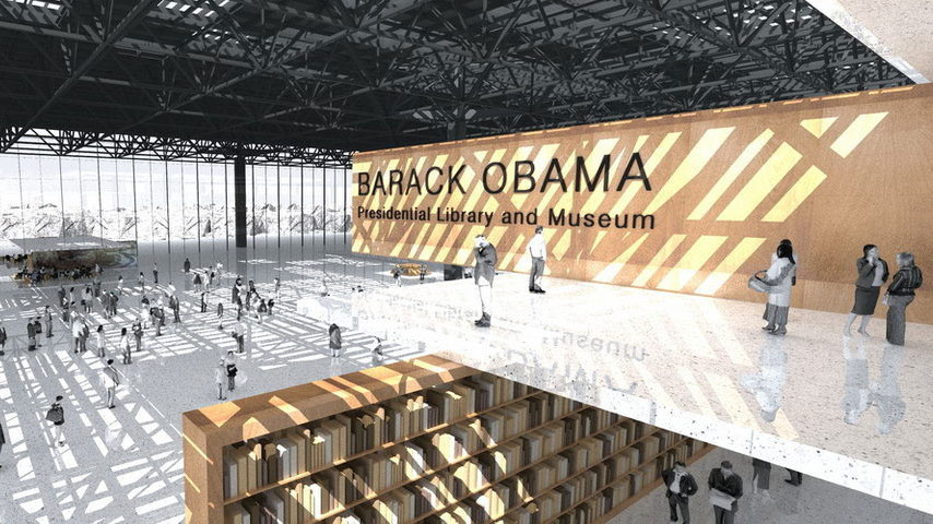 Artist's rendering from 2014 of a potential Chicago iteration of the Obama Presidential Library and Museum.