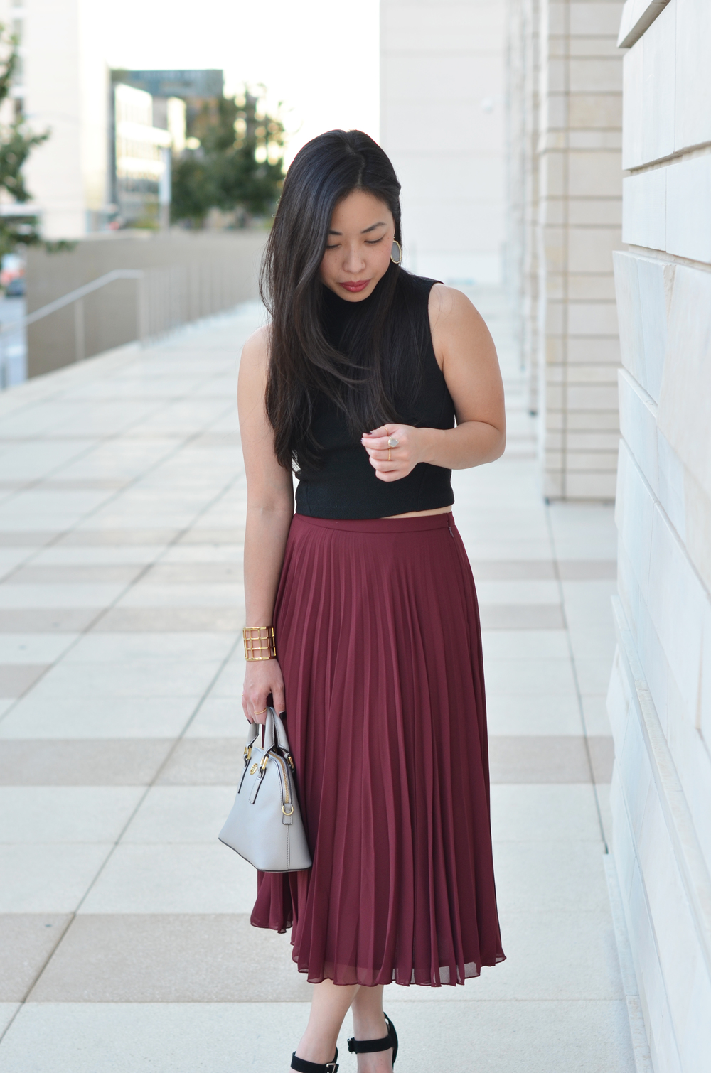the burgundy pleated skirt & crop top — janna doan