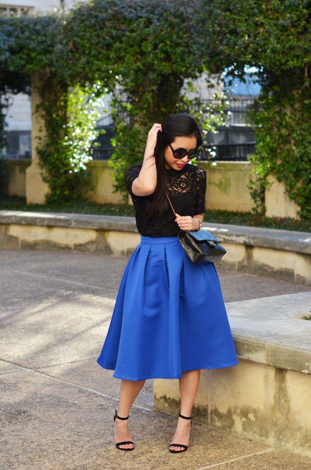 the cobalt blue midi skirt & black lace — janna doan