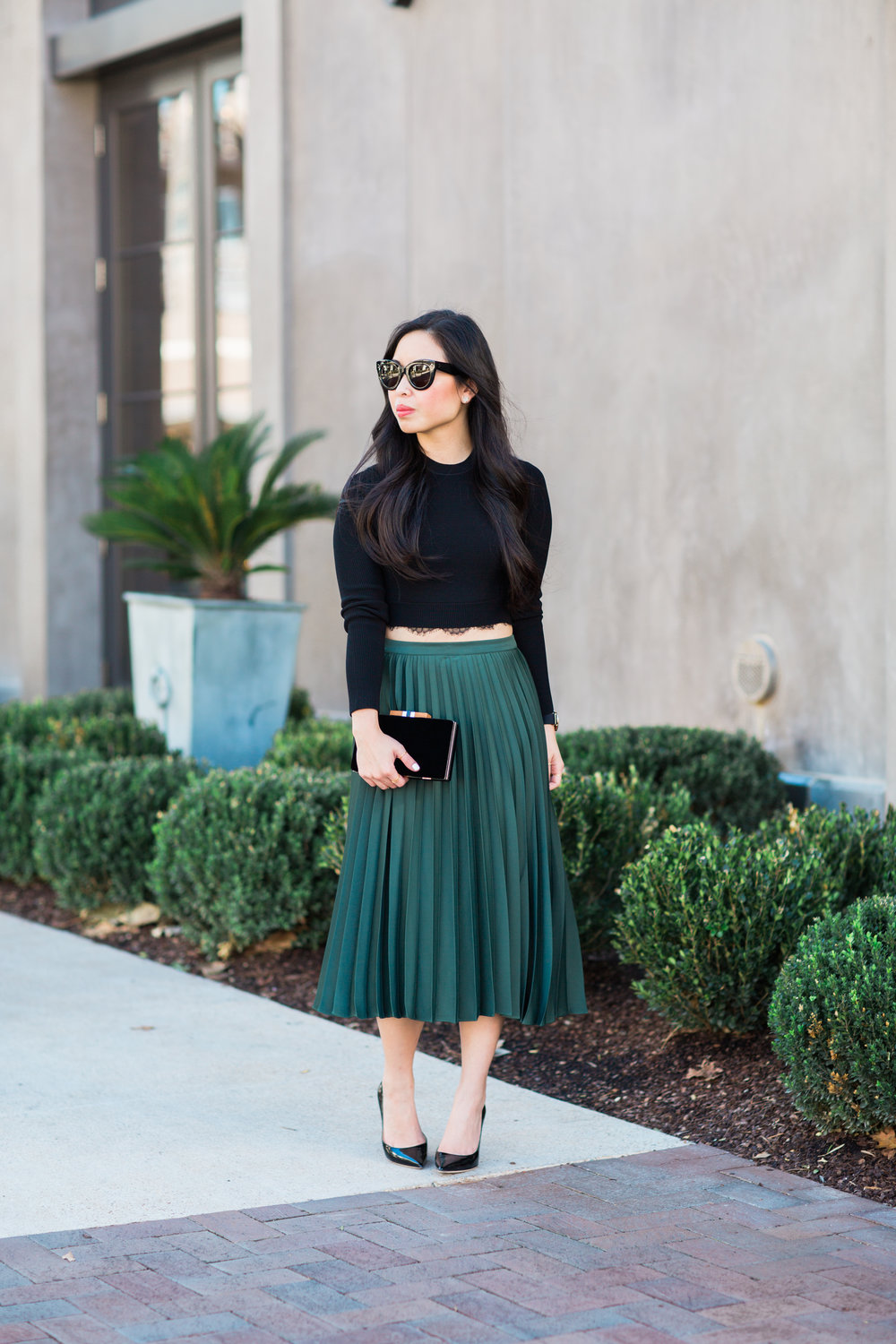 the green satin pleated midi skirt & velvet — janna doan