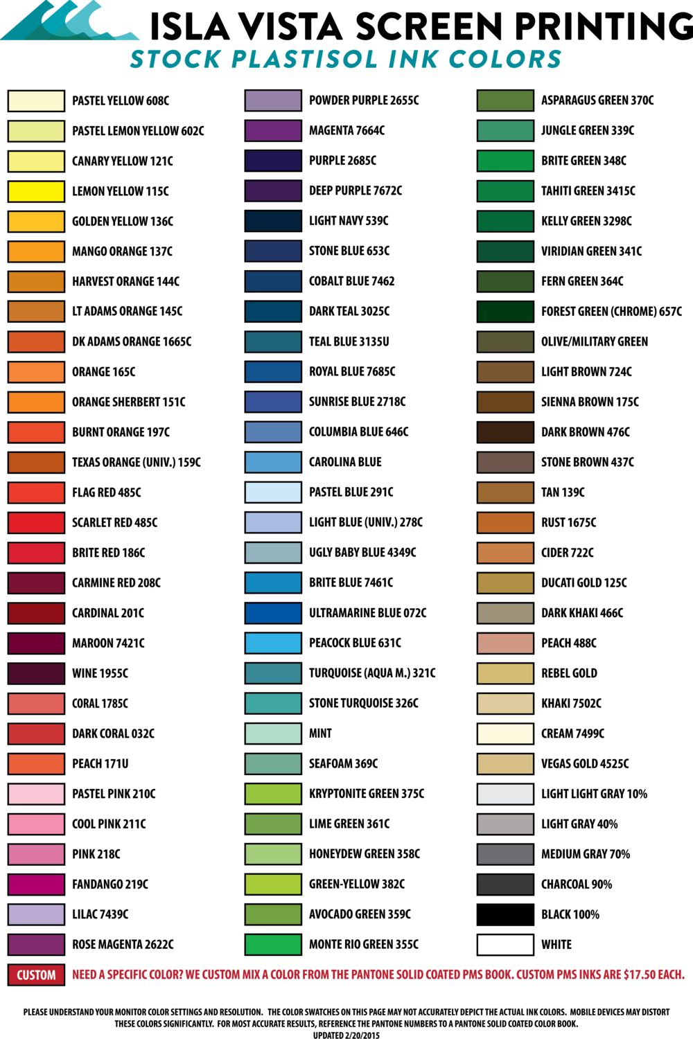 Ink Color Chart — Isla Vista Screen Printing & Embroidery